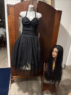 Elegant Black Halter Witch Dress w/ Wig